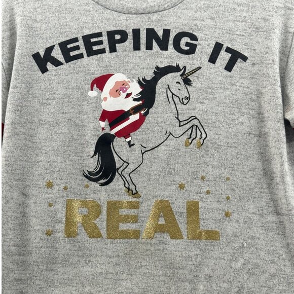 WallFlower Women's "Keeping It Real" Santa Unicorn Grey Cropped Sweatshirt M - Picture 3 of 7
